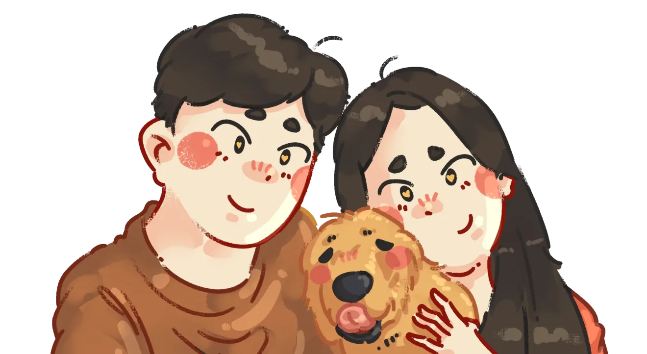 Korean cartoon style art portrait of a couple with their dog